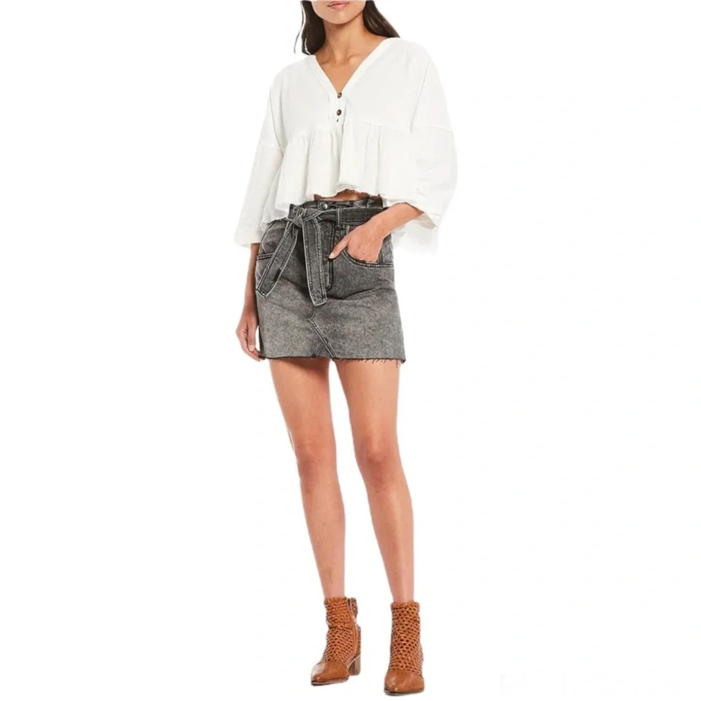 NWT Free People East of Eden Tie Waist Denim Skirt Washed Black Size 26 - Picture 4 of 13